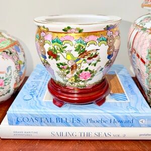 Vintage Famille Rose Medallion Planter with Wooden Riser | Rose Canton